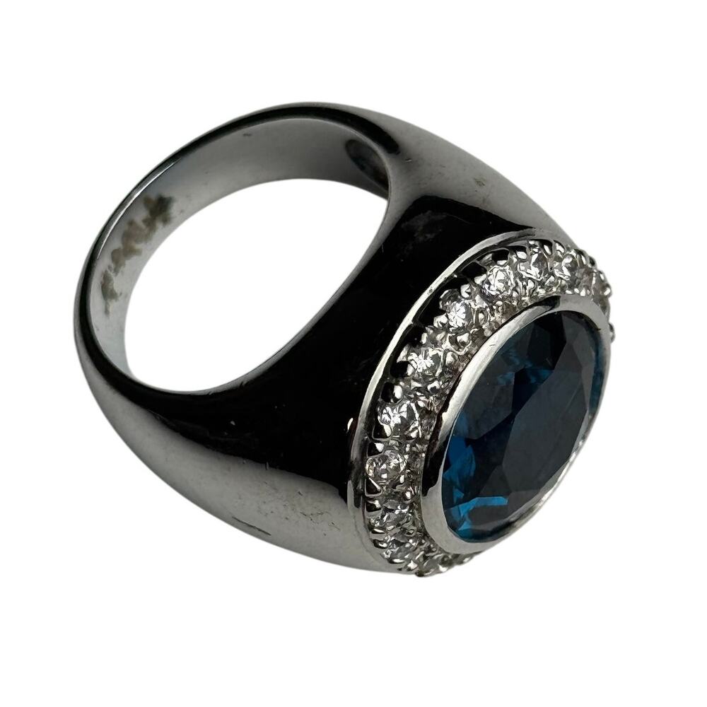 Natural Blue Topaz Gemstone Sterling Silver Rhinestone Halo Statement Ring